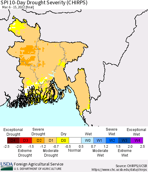 Bangladesh SPI 10-Day Drought Severity (CHIRPS) Thematic Map For 3/6/2022 - 3/15/2022