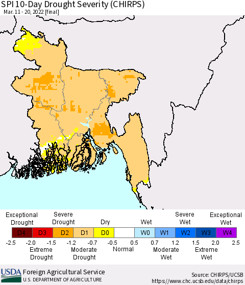 Bangladesh SPI 10-Day Drought Severity (CHIRPS) Thematic Map For 3/11/2022 - 3/20/2022