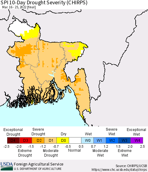 Bangladesh SPI 10-Day Drought Severity (CHIRPS) Thematic Map For 3/16/2022 - 3/25/2022