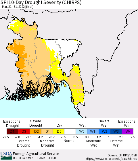 Bangladesh SPI 10-Day Drought Severity (CHIRPS) Thematic Map For 3/21/2022 - 3/31/2022