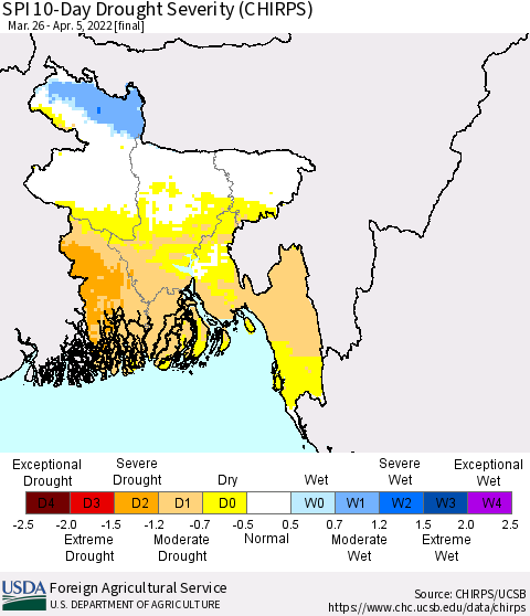 Bangladesh SPI 10-Day Drought Severity (CHIRPS) Thematic Map For 3/26/2022 - 4/5/2022