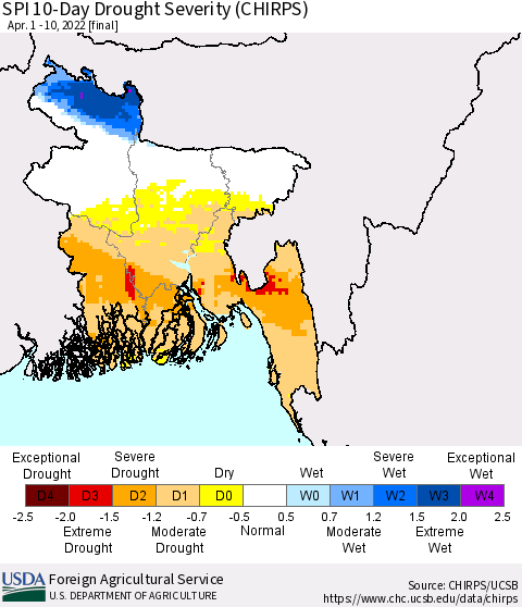 Bangladesh SPI 10-Day Drought Severity (CHIRPS) Thematic Map For 4/1/2022 - 4/10/2022