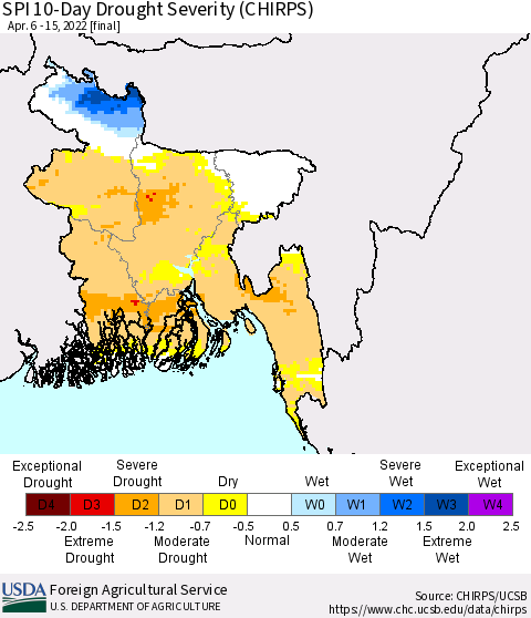 Bangladesh SPI 10-Day Drought Severity (CHIRPS) Thematic Map For 4/6/2022 - 4/15/2022