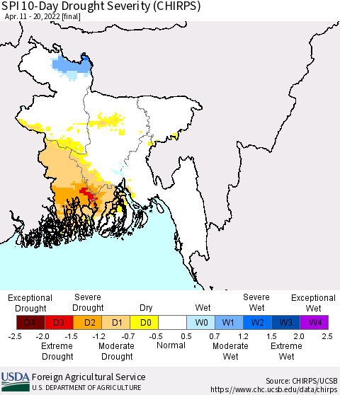 Bangladesh SPI 10-Day Drought Severity (CHIRPS) Thematic Map For 4/11/2022 - 4/20/2022