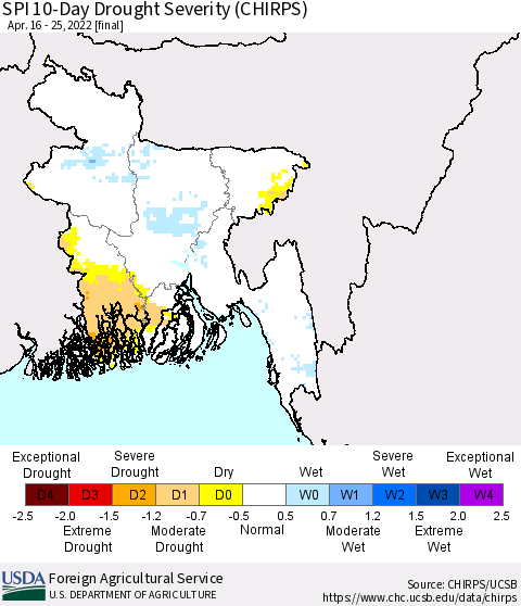 Bangladesh SPI 10-Day Drought Severity (CHIRPS) Thematic Map For 4/16/2022 - 4/25/2022