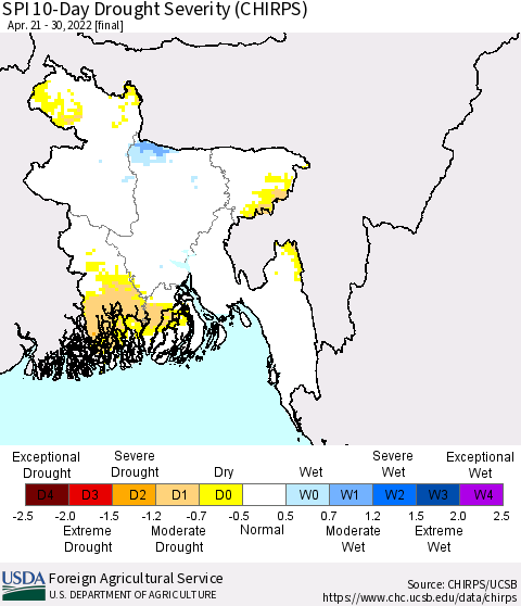 Bangladesh SPI 10-Day Drought Severity (CHIRPS) Thematic Map For 4/21/2022 - 4/30/2022
