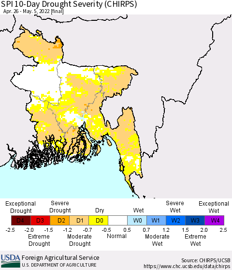 Bangladesh SPI 10-Day Drought Severity (CHIRPS) Thematic Map For 4/26/2022 - 5/5/2022