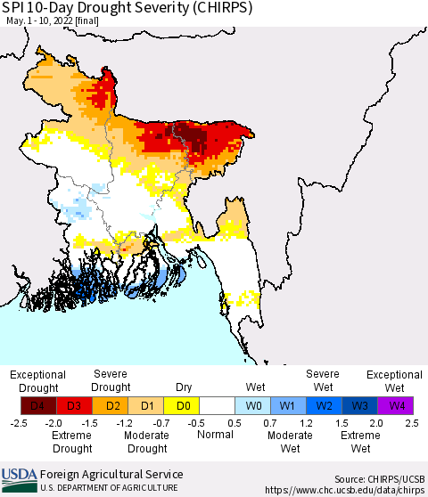 Bangladesh SPI 10-Day Drought Severity (CHIRPS) Thematic Map For 5/1/2022 - 5/10/2022