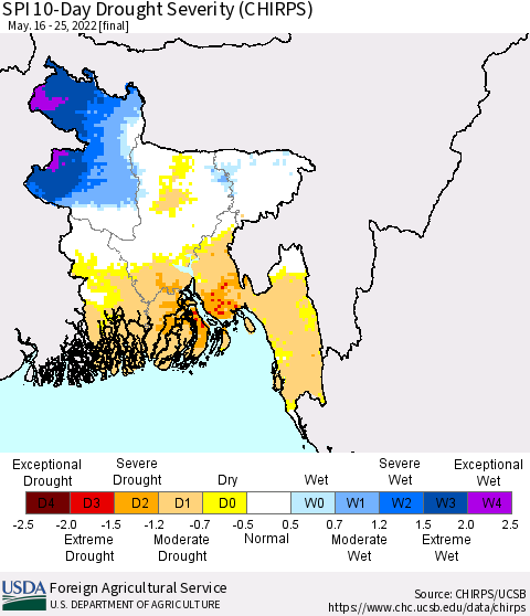 Bangladesh SPI 10-Day Drought Severity (CHIRPS) Thematic Map For 5/16/2022 - 5/25/2022