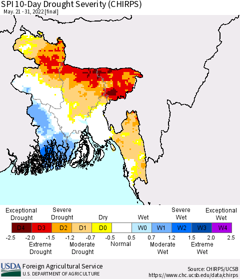 Bangladesh SPI 10-Day Drought Severity (CHIRPS) Thematic Map For 5/21/2022 - 5/31/2022