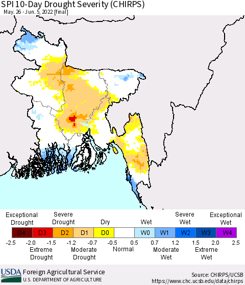 Bangladesh SPI 10-Day Drought Severity (CHIRPS) Thematic Map For 5/26/2022 - 6/5/2022