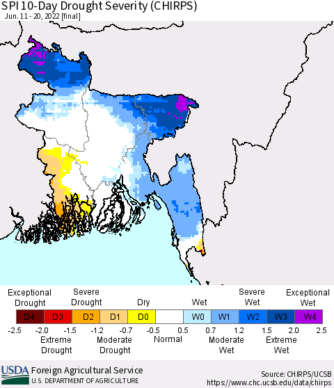 Bangladesh SPI 10-Day Drought Severity (CHIRPS) Thematic Map For 6/11/2022 - 6/20/2022