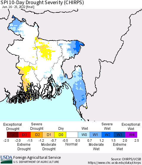 Bangladesh SPI 10-Day Drought Severity (CHIRPS) Thematic Map For 6/16/2022 - 6/25/2022