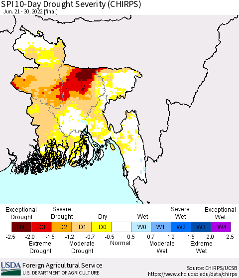 Bangladesh SPI 10-Day Drought Severity (CHIRPS) Thematic Map For 6/21/2022 - 6/30/2022