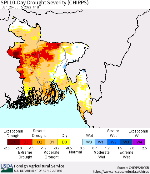 Bangladesh SPI 10-Day Drought Severity (CHIRPS) Thematic Map For 6/26/2022 - 7/5/2022