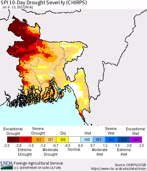 Bangladesh SPI 10-Day Drought Severity (CHIRPS) Thematic Map For 7/6/2022 - 7/15/2022