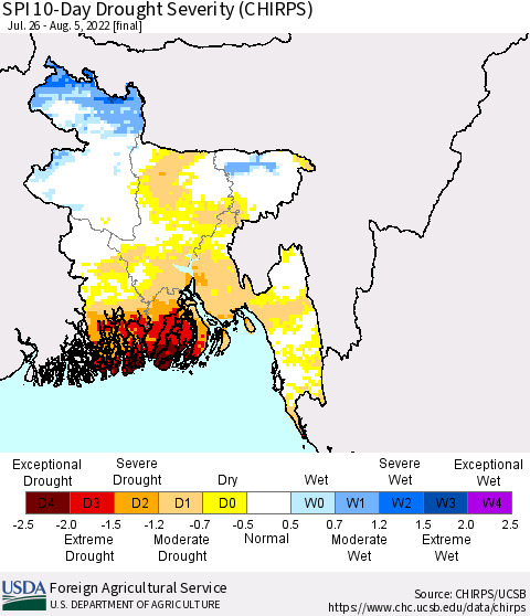 Bangladesh SPI 10-Day Drought Severity (CHIRPS) Thematic Map For 7/26/2022 - 8/5/2022