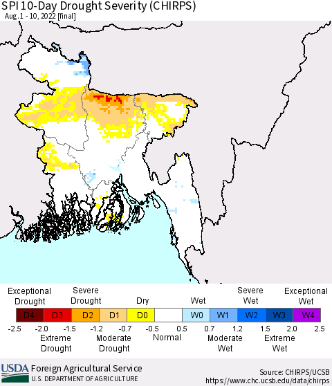 Bangladesh SPI 10-Day Drought Severity (CHIRPS) Thematic Map For 8/1/2022 - 8/10/2022