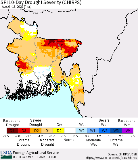 Bangladesh SPI 10-Day Drought Severity (CHIRPS) Thematic Map For 8/6/2022 - 8/15/2022