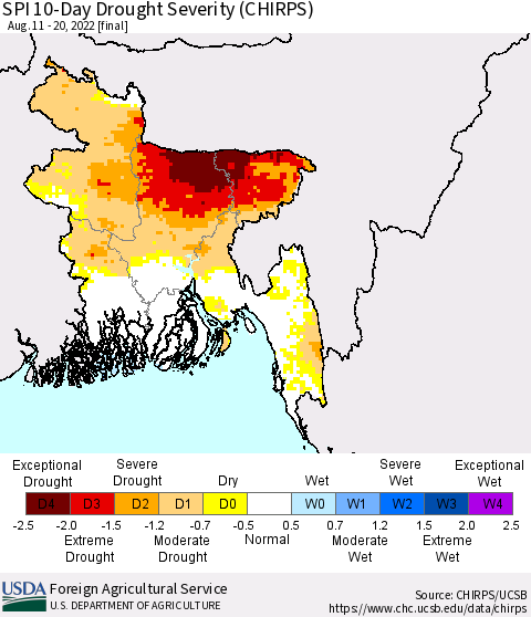 Bangladesh SPI 10-Day Drought Severity (CHIRPS) Thematic Map For 8/11/2022 - 8/20/2022