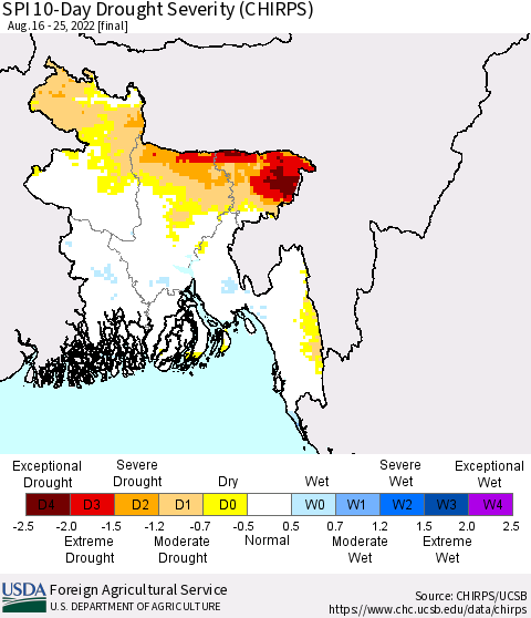 Bangladesh SPI 10-Day Drought Severity (CHIRPS) Thematic Map For 8/16/2022 - 8/25/2022