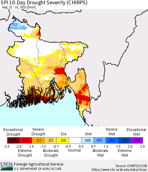 Bangladesh SPI 10-Day Drought Severity (CHIRPS) Thematic Map For 8/21/2022 - 8/31/2022