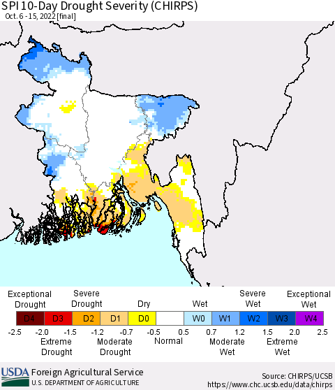 Bangladesh SPI 10-Day Drought Severity (CHIRPS) Thematic Map For 10/6/2022 - 10/15/2022