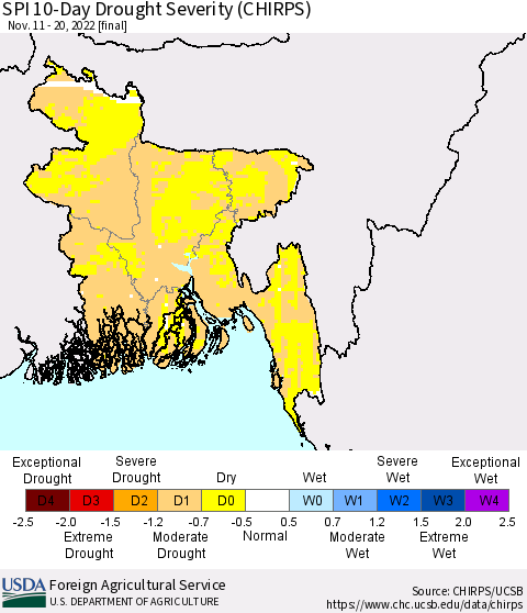 Bangladesh SPI 10-Day Drought Severity (CHIRPS) Thematic Map For 11/11/2022 - 11/20/2022