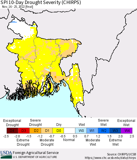 Bangladesh SPI 10-Day Drought Severity (CHIRPS) Thematic Map For 11/16/2022 - 11/25/2022