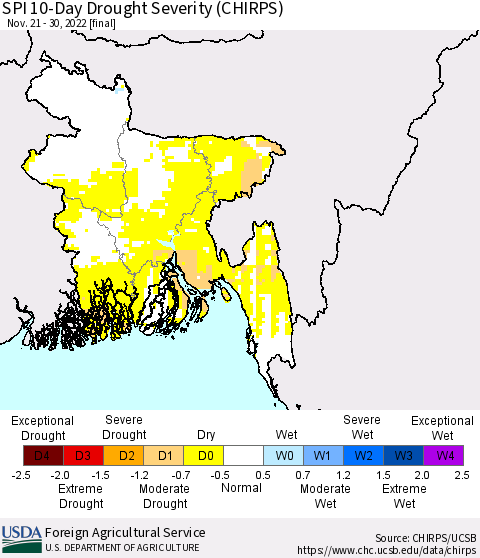 Bangladesh SPI 10-Day Drought Severity (CHIRPS) Thematic Map For 11/21/2022 - 11/30/2022