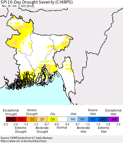 Bangladesh SPI 10-Day Drought Severity (CHIRPS) Thematic Map For 11/26/2022 - 12/5/2022