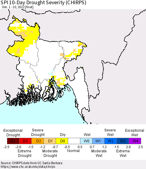 Bangladesh SPI 10-Day Drought Severity (CHIRPS) Thematic Map For 12/1/2022 - 12/10/2022