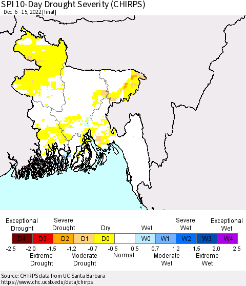 Bangladesh SPI 10-Day Drought Severity (CHIRPS) Thematic Map For 12/6/2022 - 12/15/2022