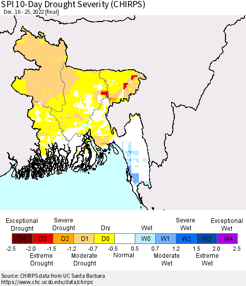 Bangladesh SPI 10-Day Drought Severity (CHIRPS) Thematic Map For 12/16/2022 - 12/25/2022