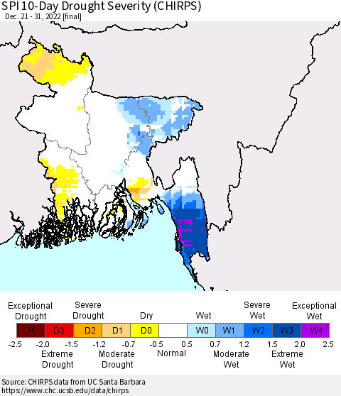 Bangladesh SPI 10-Day Drought Severity (CHIRPS) Thematic Map For 12/21/2022 - 12/31/2022