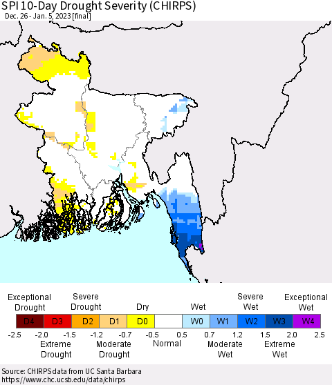 Bangladesh SPI 10-Day Drought Severity (CHIRPS) Thematic Map For 12/26/2022 - 1/5/2023