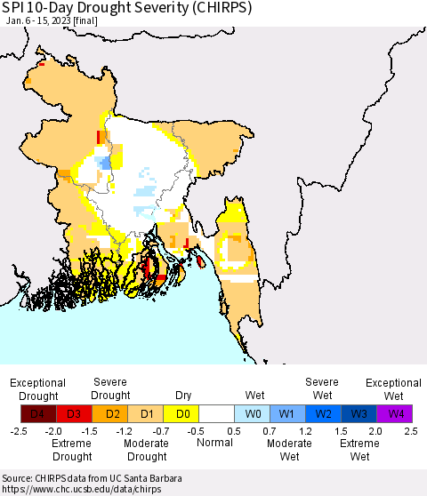 Bangladesh SPI 10-Day Drought Severity (CHIRPS) Thematic Map For 1/6/2023 - 1/15/2023
