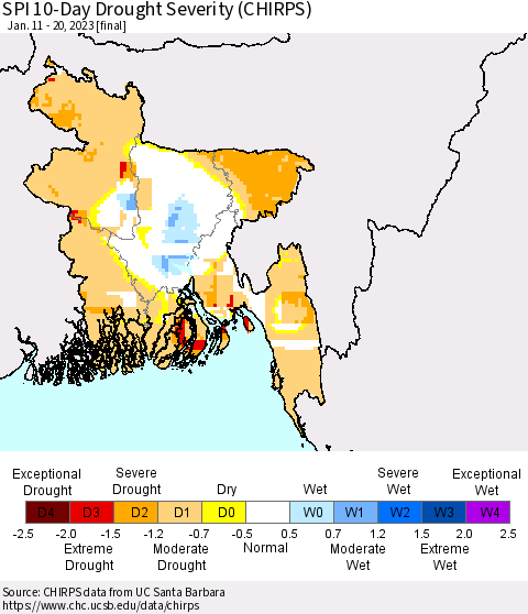 Bangladesh SPI 10-Day Drought Severity (CHIRPS) Thematic Map For 1/11/2023 - 1/20/2023