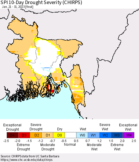 Bangladesh SPI 10-Day Drought Severity (CHIRPS) Thematic Map For 1/21/2023 - 1/31/2023
