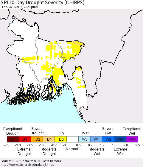 Bangladesh SPI 10-Day Drought Severity (CHIRPS) Thematic Map For 2/26/2023 - 3/5/2023