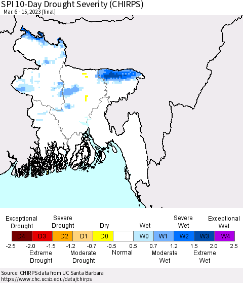 Bangladesh SPI 10-Day Drought Severity (CHIRPS) Thematic Map For 3/6/2023 - 3/15/2023
