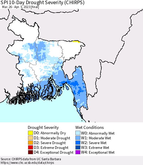 Bangladesh SPI 10-Day Drought Severity (CHIRPS) Thematic Map For 3/26/2023 - 4/5/2023