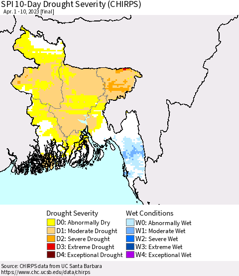 Bangladesh SPI 10-Day Drought Severity (CHIRPS) Thematic Map For 4/1/2023 - 4/10/2023