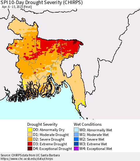 Bangladesh SPI 10-Day Drought Severity (CHIRPS) Thematic Map For 4/6/2023 - 4/15/2023