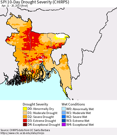 Bangladesh SPI 10-Day Drought Severity (CHIRPS) Thematic Map For 4/11/2023 - 4/20/2023