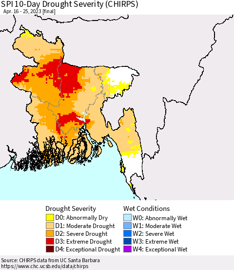 Bangladesh SPI 10-Day Drought Severity (CHIRPS) Thematic Map For 4/16/2023 - 4/25/2023