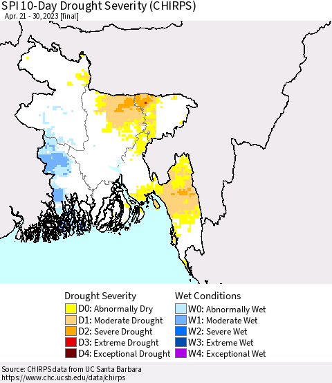 Bangladesh SPI 10-Day Drought Severity (CHIRPS) Thematic Map For 4/21/2023 - 4/30/2023