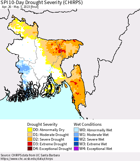 Bangladesh SPI 10-Day Drought Severity (CHIRPS) Thematic Map For 4/26/2023 - 5/5/2023