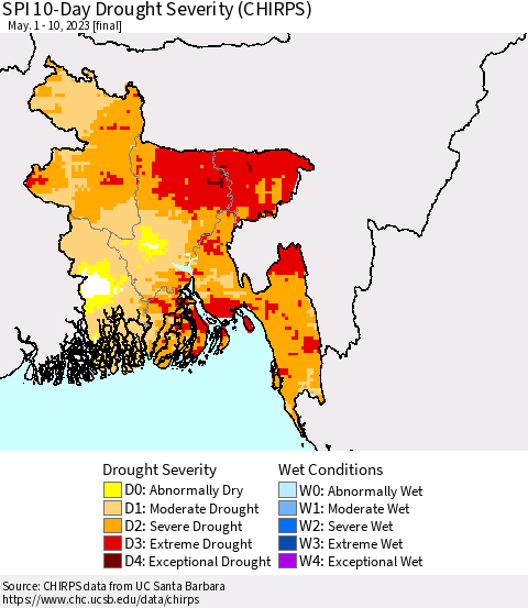 Bangladesh SPI 10-Day Drought Severity (CHIRPS) Thematic Map For 5/1/2023 - 5/10/2023