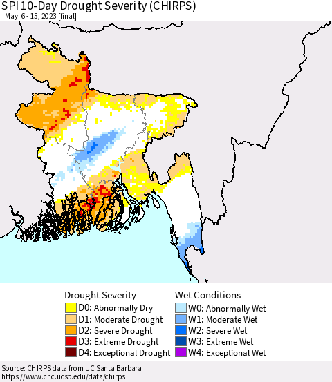 Bangladesh SPI 10-Day Drought Severity (CHIRPS) Thematic Map For 5/6/2023 - 5/15/2023